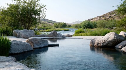 spa landscape healing, Serene river scene with rocks, greenery, and mountains under a clear sky.