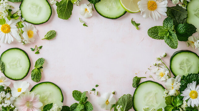 Fresh cocumber slices with mint summer concept background with copy space and text space and flowers, healthy organic refreshment 
