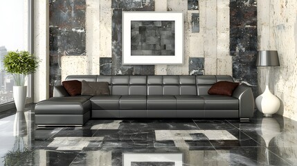 Modern Living Room with Sleek Gray Sofa and Artistic Wall Design in Spacious Urban Setting