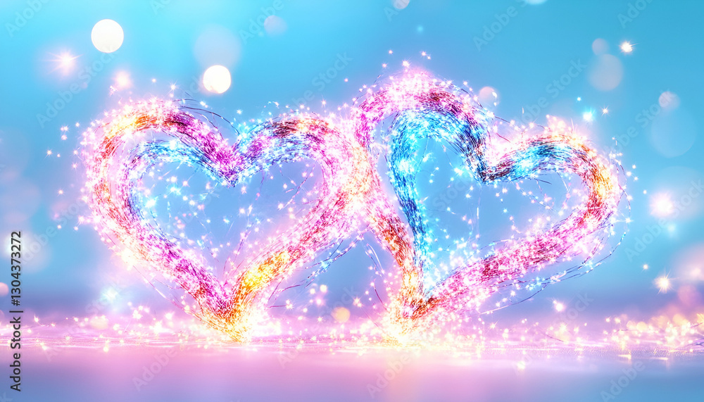 Poster sparkling hearts intertwine on a bokeh background