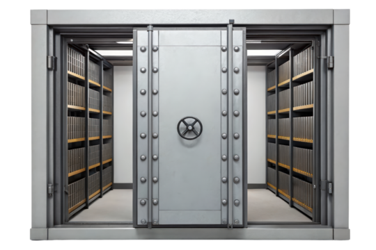 Large metal vault with open doors isolated with transparent background