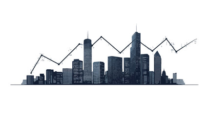 A stylized vector illustration depicting a city skyline silhouette in shades of blue-grey.  Superimposed on the skyline is a line graph indicating stock market trends, showing both upward