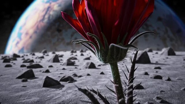 Red flower growing on moon surface with earth in background