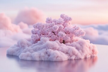 A magical floating island thrives in soft pastel hues, enveloped in cherry blossoms and mist. Warm, glowing light of golden hour creates an enchanting atmosphere perfect for dreams