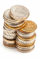 Stacked coins on white background