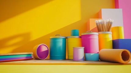 Paint cans, brushes, rollers, and a vibrant color palette on a wooden table with a yellow backdrop. 