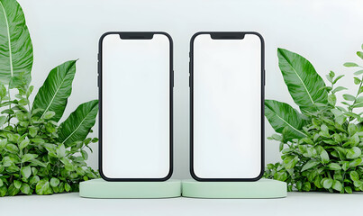 Mockup of Two Smartphones Surrounded by Greenery and Leaves