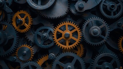 Intricate Arrangement of Metallic Gears and Cogs in Varied Textures and Colors