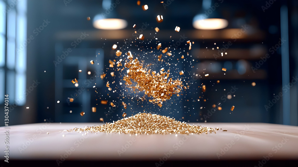 Poster glittering gold particles falling in a captivating motion display