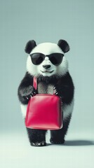 Obraz premium Chic Panda: An adorable panda, donning cool sunglasses and clutching a stylish red handbag, embodies a whimsical blend of nature and contemporary flair.