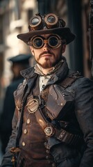 Fototapeta premium Steampunk male in goggles and hat with leather outfit in urban setting