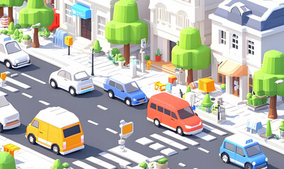Fototapeta premium Colorful urban city scene with cars and trees in vibrant environment