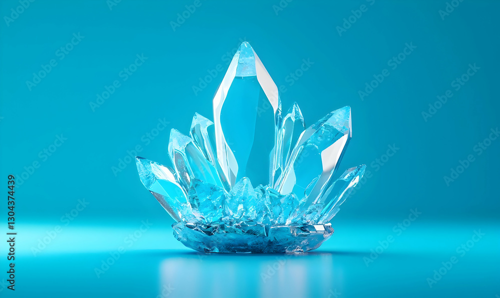 Poster sparkling blue crystal cluster with faceted points on vibrant background