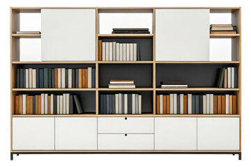 Modern shelving unit with books isolated with transparent background