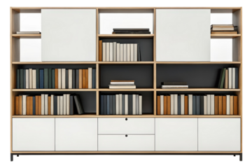 Modern shelving unit with books isolated with transparent background