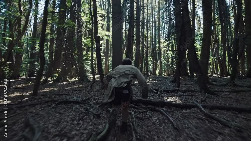 Poster Dynamic video shot from a low angle, capturing a person running through a dense forest, emphasizing speed and adventure in a natural setting.