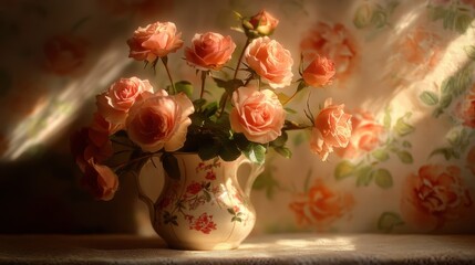 A refined and traditional floral arrangement of roses in a ceramic vase, captured in a vintage still-life style.