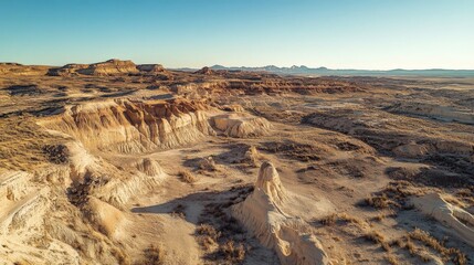 Fototapeta premium Stunning desert landscape with eroded sandstone hills and distant mountain range at sunset