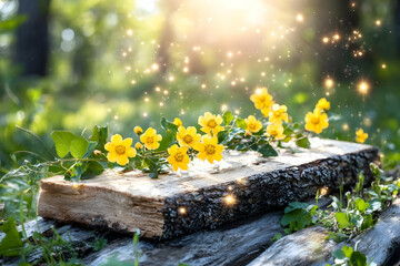 Sunny forest, wood slice, yellow flowers
