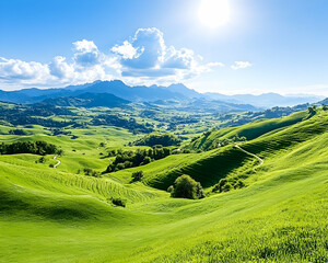 Fototapeta premium Sunny valley, rolling hills, scenic landscape