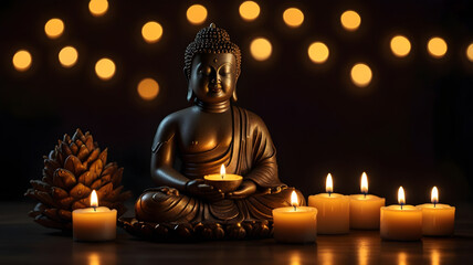 Fototapeta premium Golden Buddha statue on tabletop with black and gold bokeh light background.
