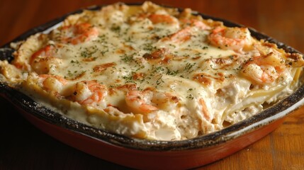 A rich seafood lasagna with layers of creamy bchamel sauce, shrimp, and crab, baked to perfection.