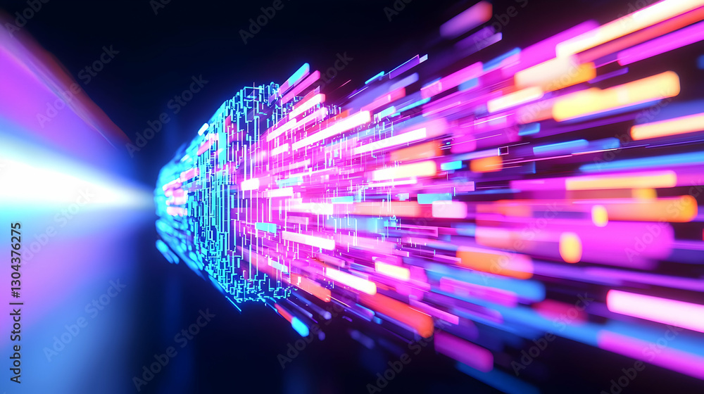 Poster colorful light trails and digital particles creating dynamic motion