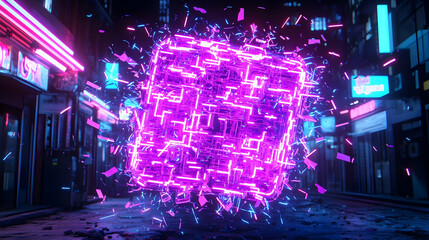 Neon Futuristic Cube with Glowing Effects in Urban Night Setting