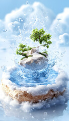 Tree, rock, water, fantasy, clouds