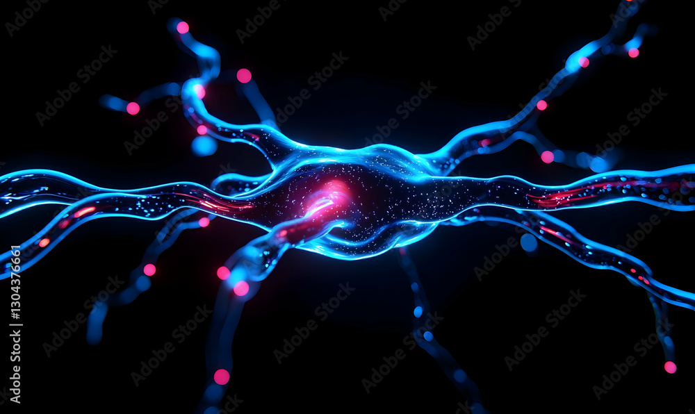 Poster glowing neuron with bright axons and dynamic electric patterns