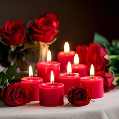 The composition features a romantic setting with burning red candles and roses.