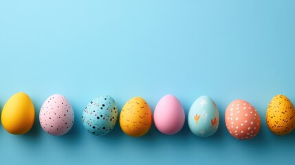 A vibrant border of Easter eggs in hues of yellow, orange, and pink adorned the pastel blue paper, leaving a touch of spring is cheer and inviting copy space for your creative endeavors.