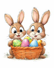 Two bunnies holding Easter eggs in a basket