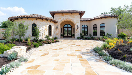 Fototapeta premium Tuscan-style home's landscaped entrance, Texas hill country