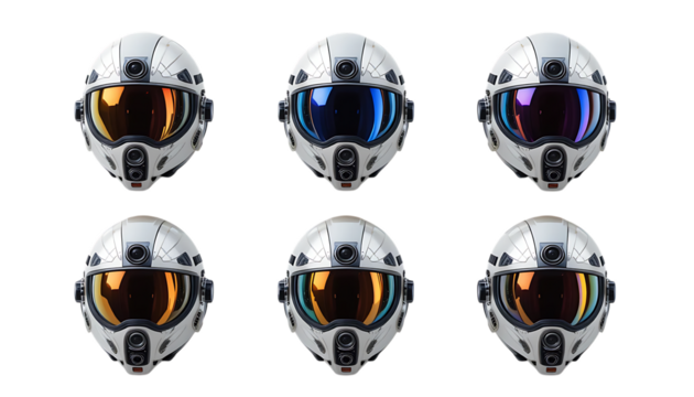 Set of Advanced Futuristic Helmet with Mirrored Visor and Built-in Camera isolated on png