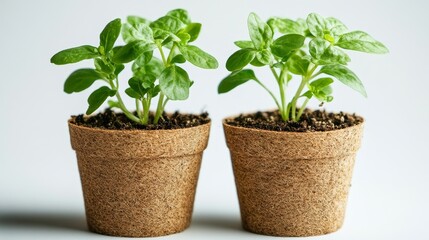 Fototapeta premium seedlings in two peat pots on white background, closeup