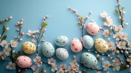 A vibrant Easter tableau unfolds on a pristine blue table, its surface adorned with a kaleidoscope of pastel-hued Easter eggs nestled amongst delicate blossoms, creating a captivating top-down