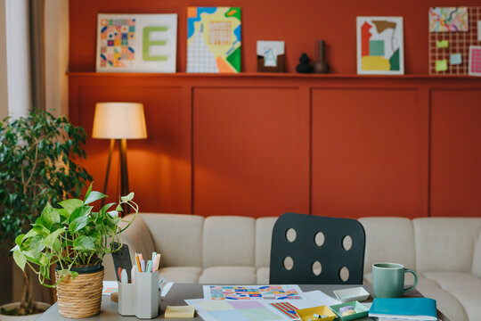 Modern design studio interior with desk and creative decor
