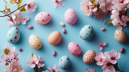 A vibrant Easter tableau unfolds on a pristine blue table, its surface adorned with a kaleidoscope of pastel-hued Easter eggs nestled amongst delicate blossoms, creating a captivating top-down