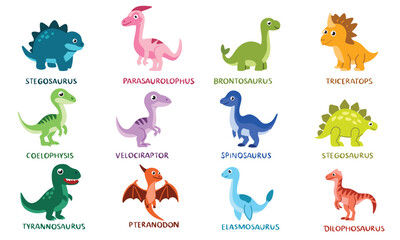Big collection of dinosaurs in flat style. Hand drawn vector art. © clelia-clelia