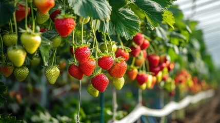 Obraz premium Rows of Strawberry Plants in Greenhouse
