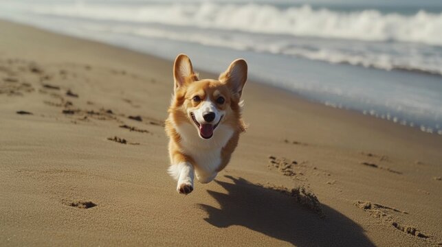 Happy corgi running on sandy beach towards ocean