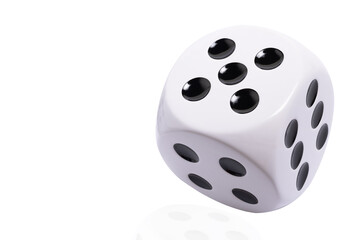 Isolated large white die or dice with black dots on white background, template of die or dice, gambling addiction or table game concept, copy space