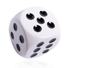 Isolated large white die or dice with black dots on white background, template of die or dice, gambling addiction or table game concept, copy space