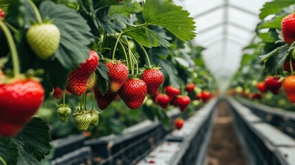 Juicy Red Strawberries Growing in a Greenhouse