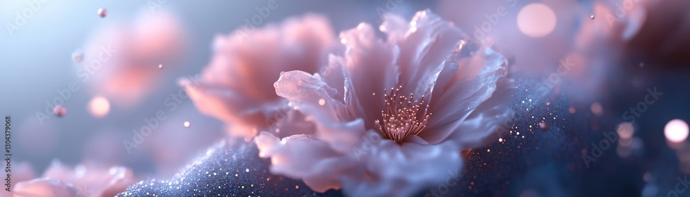 Poster surreal flowers bloom and float in a cosmic nebula, casting a soft glow against a backdrop of twinkl