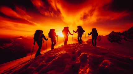 Fototapeta premium Hikers summit sunset mountains teamwork