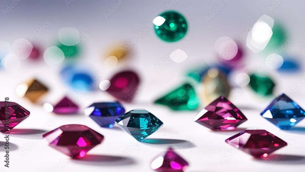 Poster colorful gems scattered on a surface, capturing light and creating reflections during a bright after