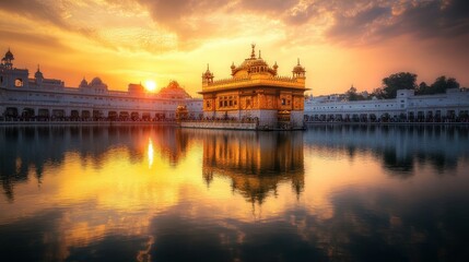 A stunning golden temple reflecting in a tranquil pond during sunset.