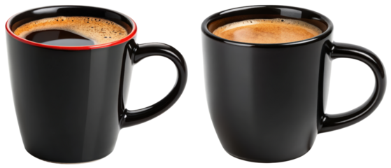 Two black mugs of coffee isolated with transparent background